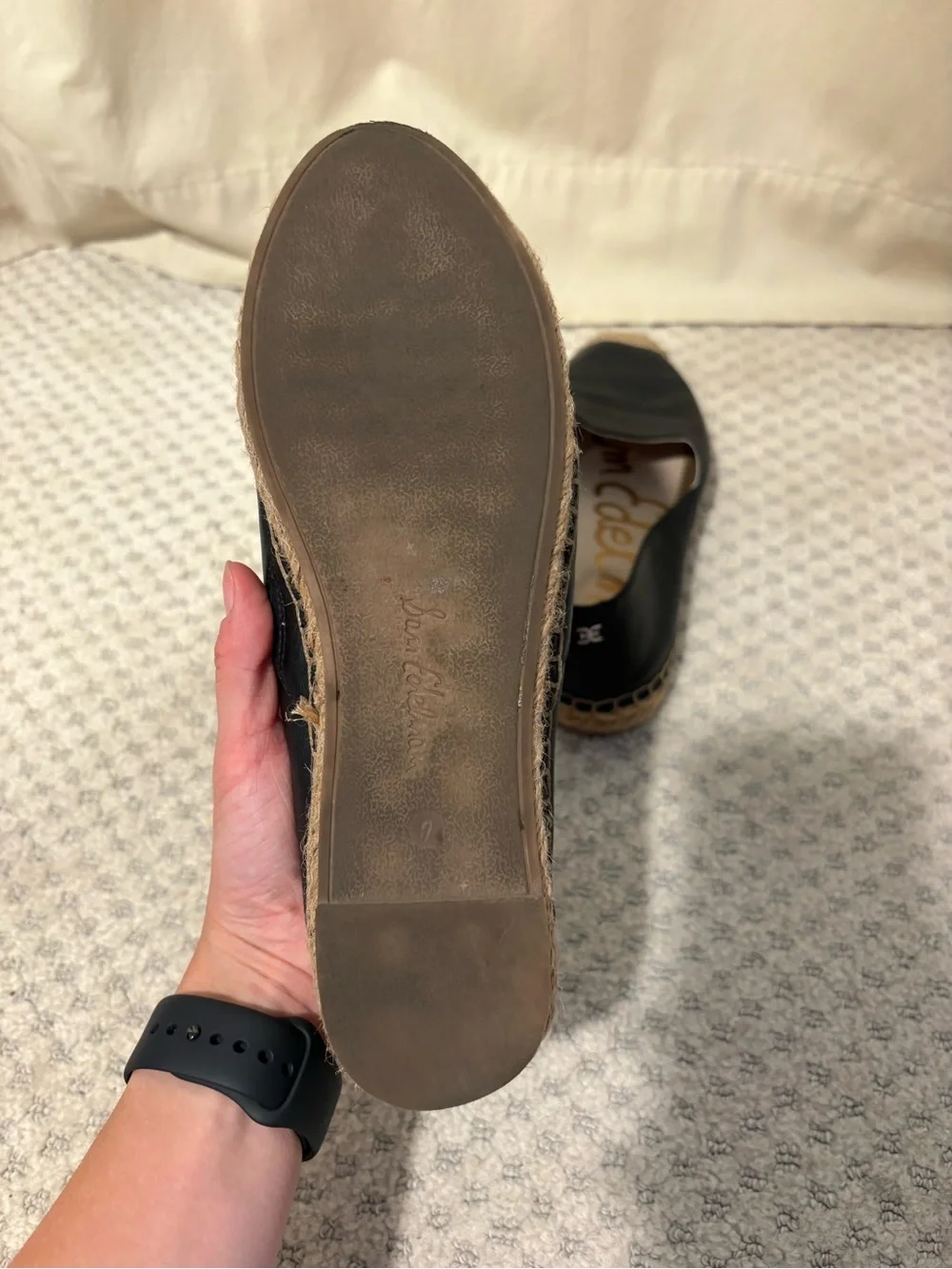 Sam Edelman Black Leather Espadrille Slip-Ons with Braided Tan Toe